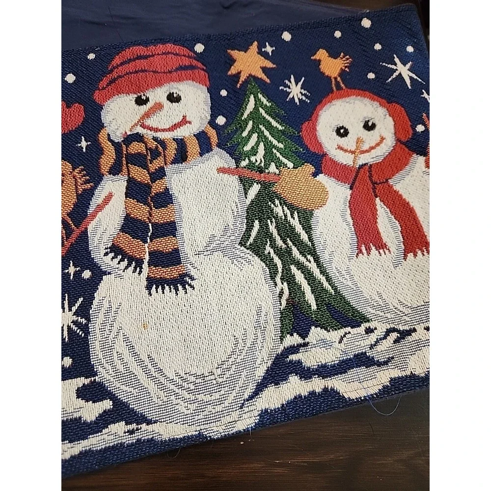 Christmas Tapestry Table Runner Snowman Winter Scene 72x13 Holiday Table Setting